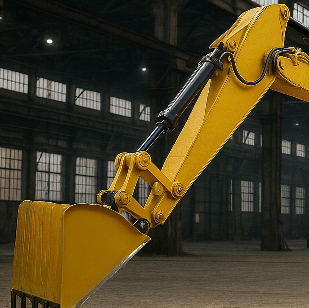 Hydraulic Cylinder with PACVD Coating as Chromium 6 Alternative | RÜBIG Surface Solutions for Heavy Equipment Excavator arm with hydraulic cylinder and digging bucket in an industrial hall – ideal for carbon-based PACVD coatings