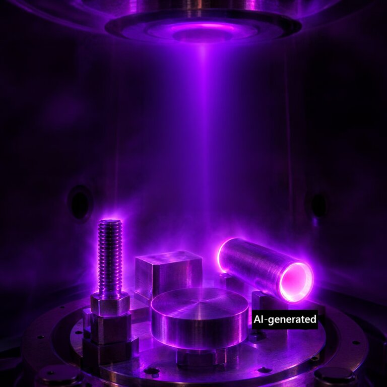 PACVD internal coating: violet glowing plasma envelops steel parts in the coating system