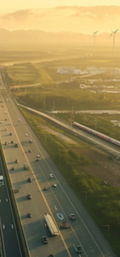 Flugzeug über Autobahn mit Zug und Windrädern bei Sonnenuntergang – RÜBIG prägt die Zukunft in Automobilbau, Luftfahrt, Windenergie und Bahnverkehr