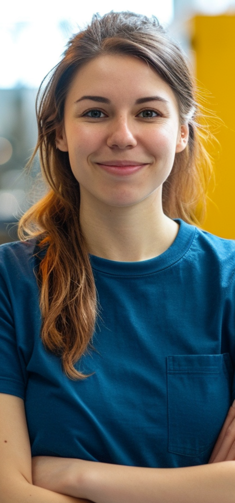 braunhaariges Mädchen lächelnd mit Zopf n in einem blauen Shirt in einer Produktionshalle